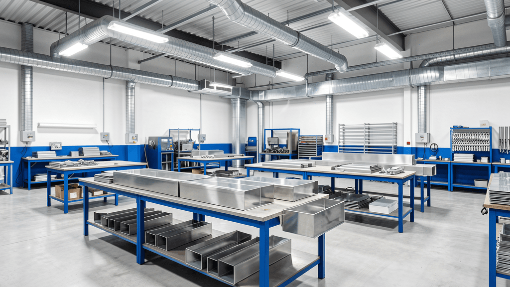 Clean modern workshop with ductwork on workbenches