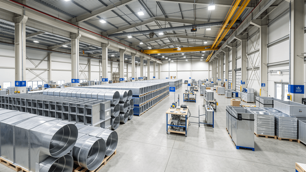 Large warehouse with rows of prefab duct sections