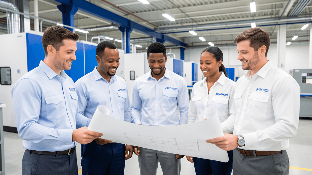 Professional HVAC technicians reviewing blueprints
